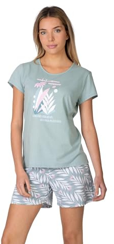 MASSANA Pijama Corto de Mujer, 100% Algodón, Manga Corta, Pantalón Corto con Cinturilla, Diseño Estampado y Femenino, Conjunto Fresco para el Verano