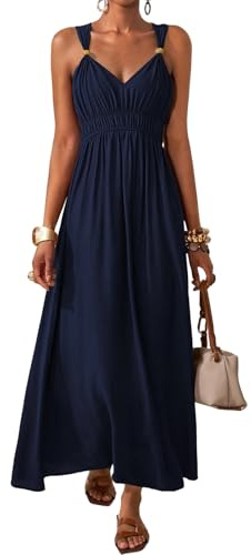 LIAMERHE Vestidos Mujer Maxi Boho Chic Cuello en V Elegante Cintura Alta | Vestido Sin Mangas Verano/Vestidos Manga Larga Otoño Línea A Maxi Casual Bohemio Fluido para Fiesta Boda Vacaciones