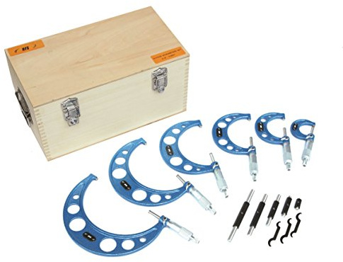 HFS(R) 0-6 Precision Outside Micrometer Set 6 PCS (0-1, 1-2, 2-3, 3-4, 4-5, 5-6) - Carbide Tipped, 0.0001 Accuracy, w/Carbide Tips, Standards, Ratchet Stop