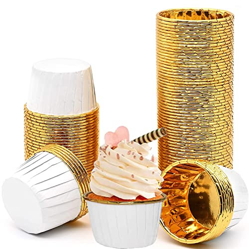 Caissettes à muffins, moules à cupcakes en papier, caissettes de cuisson antiadhésives, caissettes en aluminium pour cupcakes, pâtisseries, anniversaires, mariages, fêtes (blanc et doré, lot de 50)