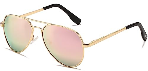 BRMHDY Kids Polarized Aviator Sunglasses for Girls Boys Classic Juniors Metal Frame Mirrored Aviator Sunglasses, 52mm (Gold/Pink Mirrored)