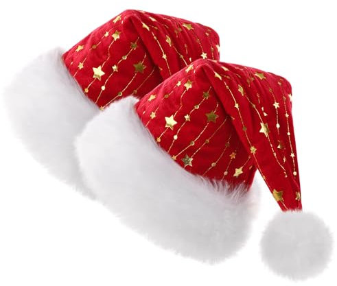 CITÉTOILE 2 Stück Plüsch Weihnachtsmützen für Erwachsene, Nikolausmütze für Männer und Frauen mit goldenen Foliensternen, weich gefütterte, luxuriöse Weihnachtsmannmützen aus Samt, Rot und Rot