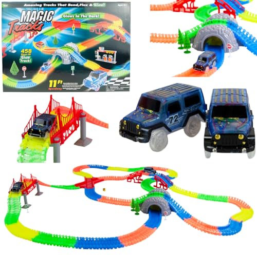 Magic Tracks Autorennbahn Starter Set Leuchtende Rennbahn 458ele+2 Autos Spielzeug für Jungen, Flexibles Renntor, Geschenk für Jungen und Mädchen, Rennstrecke, Autostrecke für Kinder