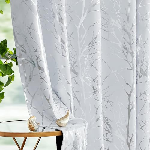 FMFUNCTEX Thermal Blackout Eyelet Curtains Bedroom 52x72 Drop White Silver | Room Darkening Window Curtains 72 Inch Drop 2 Panels Living Room, Metallic Sliver Foil Branch Pattern Drape, Noise Reducing