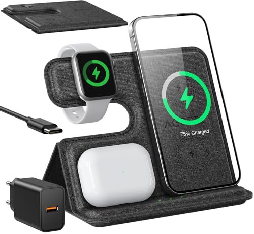 Chargeur Induction 3 en 1 Qi 18W Chargeur sans Fil pour iPhone 15/14/13/12/Pro/Max/Plus [2024 Dernier] Station de Charge Rapide pour Samsung S24/S23/S22/S21/S20, iWatch 2-9/AirPods,avec 18W Adaptateur