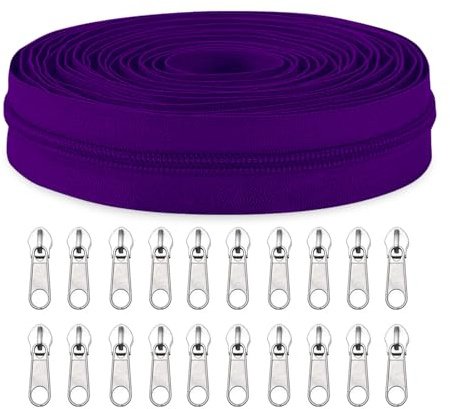 Sawoake #5 Nylon Coil Zippers by The Yard Bulk 10 Yards with 20pcs Zipper Sliders for DIY Sewing Tailor Craft Bag Garment Home Textile…(GrapePurple)