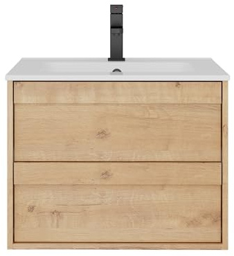 UEV Waschtisch mit Unterschrank, Waschbeckenunterschrank 60cm hängend, mit Soft-Close-System, Waschplatz, Aufsatzwaschbecken, Badezimmmer Möbel für Gäste WC, Badmöbel Set für Badezimmer, Natur