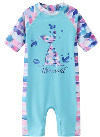 Aisyee Badeanzug Mädchen Kurzarm Kinder Einteiliger Hawaii uv Schutz Bademode Mädchen Schwimmanzug Rashguard 104 110/4-5 Jahre