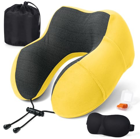 SOMLAW Almohada Viaje para Cuello, Almohada Cervical Viaje Comodo e Portatile para Oficina Avión Tren Coche Viajando, con Espuma Memoria, Cojin Cuello Viaje con Máscara de Ojos, Tapones y Bolsa