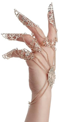 NICENEEDED Pulsera de Extensión de Dedos, Pulsera con Garras Y Puntas de Uñas Doradas para Halloween Anillo con Garras para Dedos Estilo Punk, Cadena de Mano Ajustable