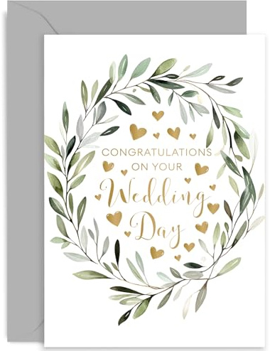 Special Wedding Day Card for Couple - Olive Tree Wreath Gold Wedding Day Card for Bride and Groom - Stylish Design for Friends and Family | Blank Inside