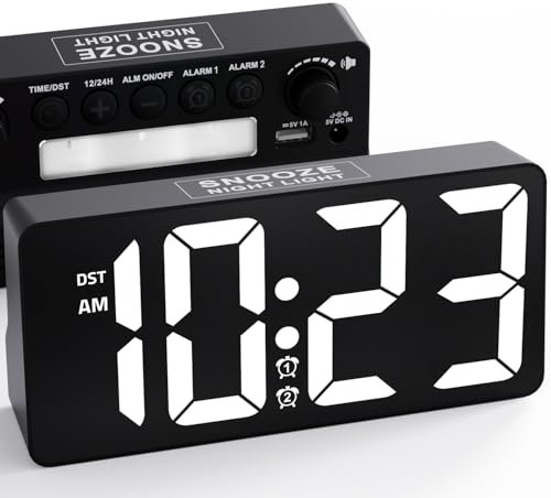 MINORZ Sveglia da Comodino, Plug-in Orologio Digitale da Tavolo con Doppi Allarmi, 0-100% Dimmer, 70db-120db Volume, Luce Notturna, 12H/24H DST, Type-C & USB Ricaricare