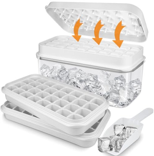 Ice Cube Tray with Lid and Storage, Food-Grade Silicone Moulds with Bin & Scoop, Press Type Ice Cubes Maker Ice Cube Trays with Non-Spill Stackable Lids, for Freezer Cocktail Whiskey Coffee (White)