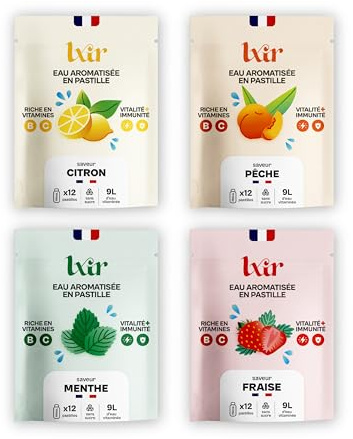 LXIR DRINK - Eau aromatisée en pastille sans sucre - Boisson multivitamines - Vitamines C et B - Hydratation quotidienne - Beauté de la peau - Vitalité - 48 pastilles - Citron/Pêche/Menthe/Fraise