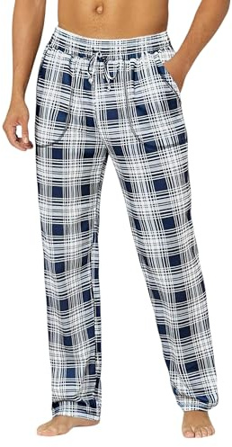 Demegimi Pantalon de Pyjama Homme à Carreaux Bas de Pyjama à Vêtements de Nuit & de Détente Maison Long Pants Doux avec Poches