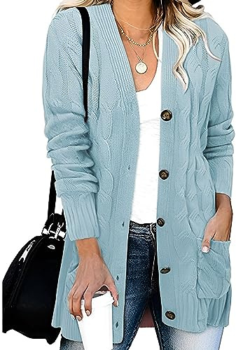 Cardigan Mujer Elegante Jersey Punto Mujer Larga Cómodo Ligero Chaqueta Punto Largos Abierto Tallas Grandes Jersey Cárdigan Manga Larga Suéteres con Bolsillos(Azul Claro,M)