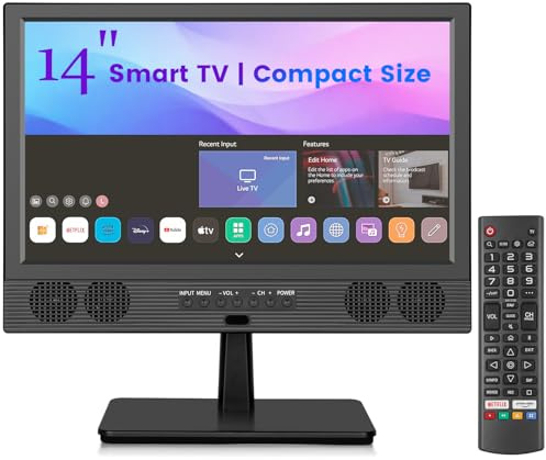 Feihe 14 Inch Small Smart TV, HD LED Flat Screen Smart TV with ATSC Tuner/HDMI/USB/AV for Kitchen, RV, Camper, Bedroom or Travel Use