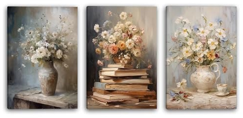 YunBey Set de 3 Cuadros de Óleo de Flores Vintage, Decoración Artística Mural con Tema de Flores y Libros, Adecuado para Sala de Estar, Dormitorio y Comedor (40×30CM)