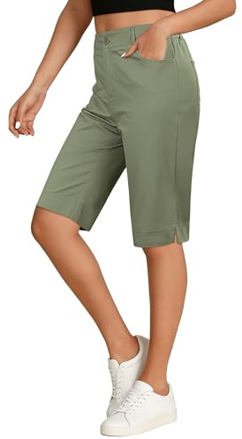 luvamia Bermuda Shorts for Women Knee Length Green Shorts Women Casual Outfits for Womens Cute Outfits Bermuda Elastic Waist Summer Stretchy Knee Length Side Split Dressy Long Chino Army Green Medium
