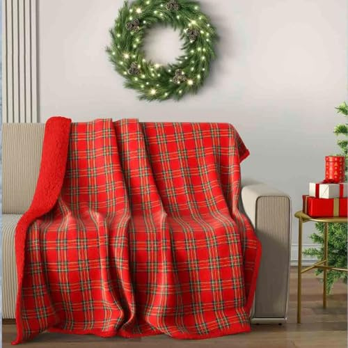 Generico Manta matrimonial escocesa manta navideña tartán de suave franela súper cálida con acabado de borreguillo acolchado para cama doble, sofá o sillón, tamaño grande, 200 x 225 cm