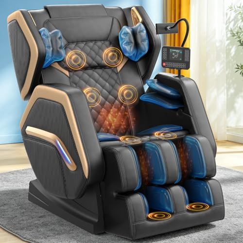 Sillón de masaje, sillón de masaje de cuerpo completo, 8 bolsas de aire, 14 puntos de masaje, función de calor lumbar y para las piernas, altavoces Bluetooth, masaje de pies, soporte para el móvil