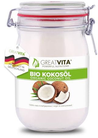 MeaVita Huile de Noix de Coco Biologique/Vierge/Pressée à Froid dans un Bocal à Repasser 1 L