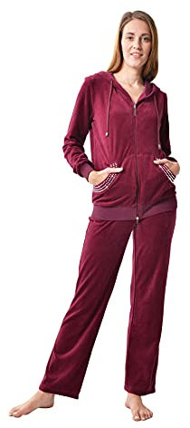 RAIKOU Damen Micro Velours Freizeitanzug Hausanzug mit Reißverschluss Nicki-Anzug Zweiteiliger Schlafanzug mit Strasssteinen (36/38, Brombeer)