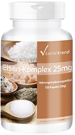 Vitamintrend Järnkomplex 25 mg, 120 kapslar, lätt att svälja, högdoserat, kosttillskott veganskt utan magnesiumstearat, tillverkat i Tyskland