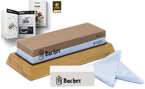 Bacher Premium Sharpening Stone. 2 Side Grit 400/1000 Whetstone - Knife Sharpener Waterstone with Non-Slip Bamboo Base, Flattening Stone and Detailed eBook Guide