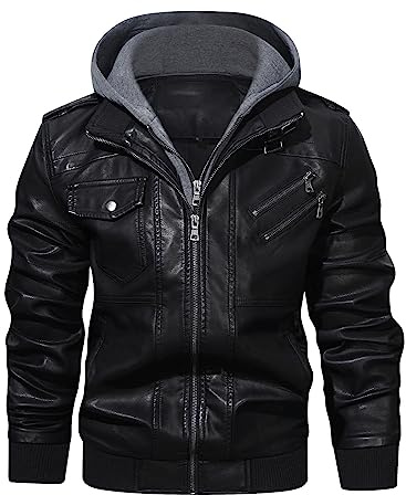HOOD CREW Giacca casual da motociclista in pelle sintetica da uomo con cappuccio rimovibile, Nero , S