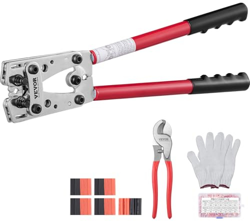 VEVOR Battery Cable Lug Crimping Tool, 10-1/0AWG with Cable Cutter and 48PCS Copper Ring Terminals, 6 Wire Sizes Crimping Die and 100pcs Heat Shrink Tubes, for Heavy Duty Wire Lugs