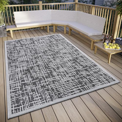 Hanse Home Telu In- & Outdoor Teppich Wetterfest – Modernes Muster, Wasserfest robuster Aussenteppich Flachgewebe für Garten, Balkon, Terrasse, Wohnzimmer – Grau Beige, 76x150cm