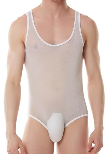 FEOYA Gymnastikanzug für Herren, Sissy Dessous, glänzend, durchsichtig, ärmellos, Einteiler, Netzstoff, durchsichtig, Mankini-Overall, B Weiß, Medium