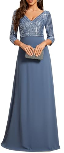 Ever-Pretty Abito da Damigella Paillettes Scollo a V Linea A Chiffon Stile Impero Vestito Lungo Donna Elegante Denim Blu 44