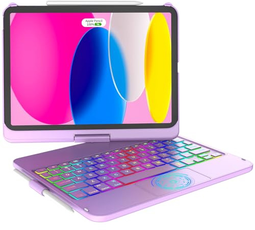 KARAFUN Custodia con tastiera touchpad per iPad 10a generazione (10,9, 2022)& ipad 11th (A16 2025), retroilluminazione a 10 colori e custodia protettiva girevole a 360° con portapenne (10.9'' Viola)