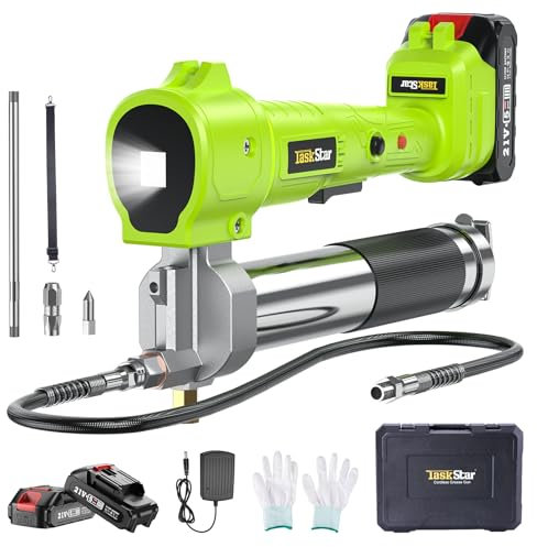 TaskStar Pompe a Graisse Électrique, Kit de Pistolet à Graisse [Super Efficace] avec 2 Batteries et Chargeur, Tuyau Flexible de 39,4, Pompe à Graisse 10 000 PSI avec Lumière LED Super Brillante, Vert