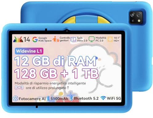 Blackview Tablette Enfant 10 Pouces Android 14 Educative WiFi 6, 12Go RAM 128Go ROM/1To TF, Contrôle Parental/Widevine L1/Bluetooth 5.3/Enfant avec Étui Antichoc EVA