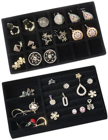 Nwvuop Lot de 2 plateaux à bijoux, en velours, pour tiroirs, boucles d'oreilles, organisateur de bijoux, pour tiroirs, 21 x 12,3 x 2,5 cm, noir