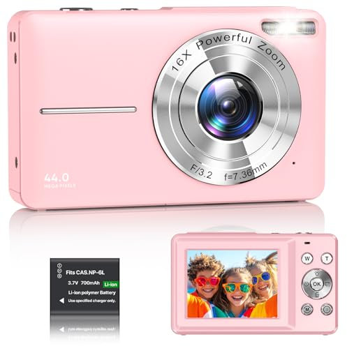 Digital Camera 1080P FHD Compact Digital Camera 44MP Portable Mini Small Photo Camera with 2.4 LCD Screen, 16X Digital Zoom and 1 Battery Vlogging Camera for Kids, Girls, Boys-Pink