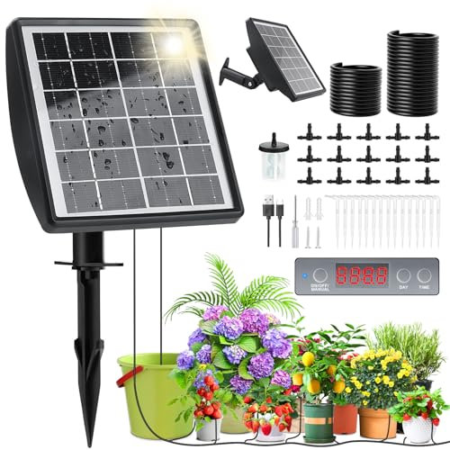 Sistema Irrigazione Automatica Solare Vasi Esterno Interno 2025, Kit Irrigazione a Goccia con Timer e 15m Tubo, Innaffiatore Annaffiatoio Automatico per Giardino Orto Balcone Prato Piante in Vacanza
