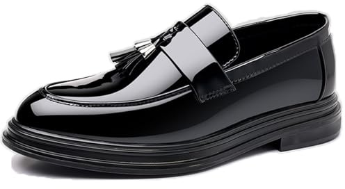 LMUIPMAA Mocasín de Plataforma sin Cordones de Cuero de Charol para Hombre con Borla Punta Redonda Suela de Tacos Bajos Zapatos de Vestir de Negocios para Fiesta de Citas,Negro,46 EU