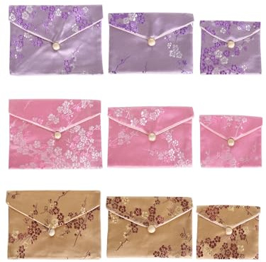 Baitaihem 9 Pack Jewelry Purse Pouch Gift Bags Chinese Silk Style Brocade Embroidered Bag, Multiple Colors, Small&Medium&Large (Style-B)