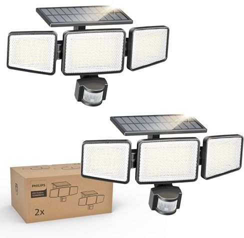 Philips Solarlampen für Außen mit Bewegungsmelder, 302 LEDs 1200 Lumen, Solarbetriebene Wasserdichte Wandfluter, 3 Köpfe, IP65 Wasserdicht, 3 Modi (2 Stück)