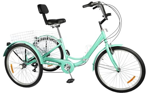 24 Zoll Dreirad für Erwachsene, 7-Gang 3 Räder Faltbares Fahrrad mit Einkaufskorb, LED-Frontlicht und Rückenlehne, Klapprad Faltbares Dreirad für Erwachsene Männer Frauen, ältere Menschen (Türkis)