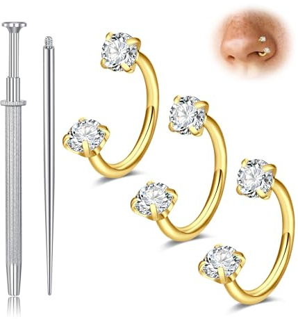 MODRSA 3pcs Gold Horseshoe Nose Ring 20g Double Gem Horse Shoe Nose Ring Hoop for Women Surgical Steel Half Hoop U Shape Double Stud Tragus Earring Hoops Helix Piercing Jewelry Septum Rings 20 gauge