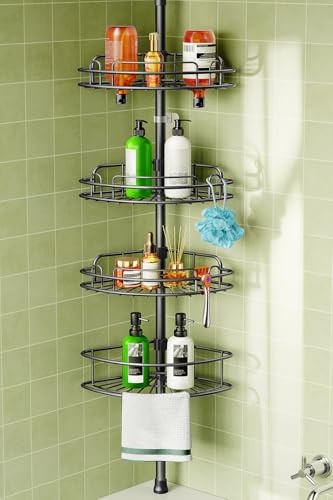HAMITOR Telescopic Shower Caddy Corner Storage: No-Drill Stainless Steel Bathroom Shelves Organizer, 119-307 cm Large Capacity 4 Tier Adjustable Shelf Tension Pole for Home Renters Apartment - Black
