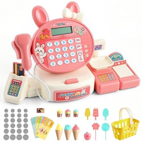 FUNYKICH Cassa Registratrice Giocattolo Supermercato per Bambini 55 Pezzi,Set Gioco di Ruolo Educativo con Calcolatrice Monete Scanner e Cibo Finto per dai 3 Anni,Regalo per Compleanno Natale