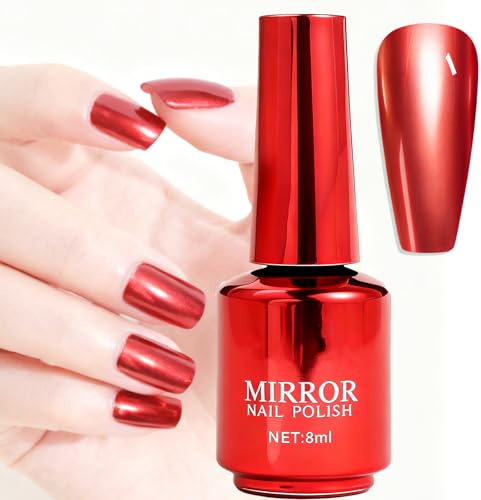 Red Nail Polish, Chrome Metallic Nail Varnish, Shimmer Mirror Quick Dry Long-Lasting High Pigmented, No UV Lamp Needed Nail Art Kit for Women
