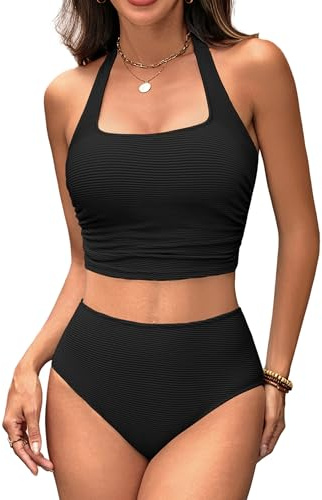 BMJL Bathing Suit for Women Modest Full Coverage High Waisted Bikini Scoop Neck Ruched Halter Top Swim Suits 2026(XL,Black)