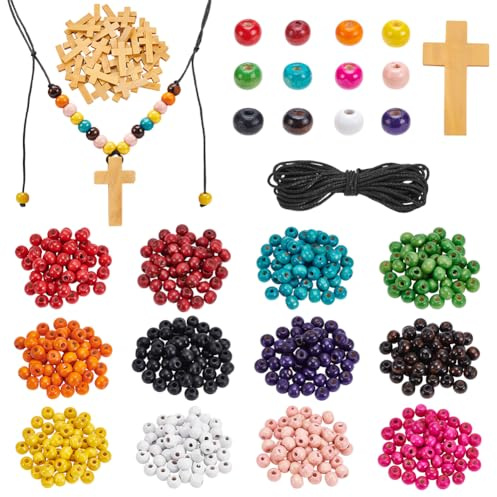 UNICRAFTALE Kit di fabbricazione di collana croce in legno fai da te religioso autunno perline in legno per decorazioni del Ringraziamento scuola domenicale (40 croce 600 perle)